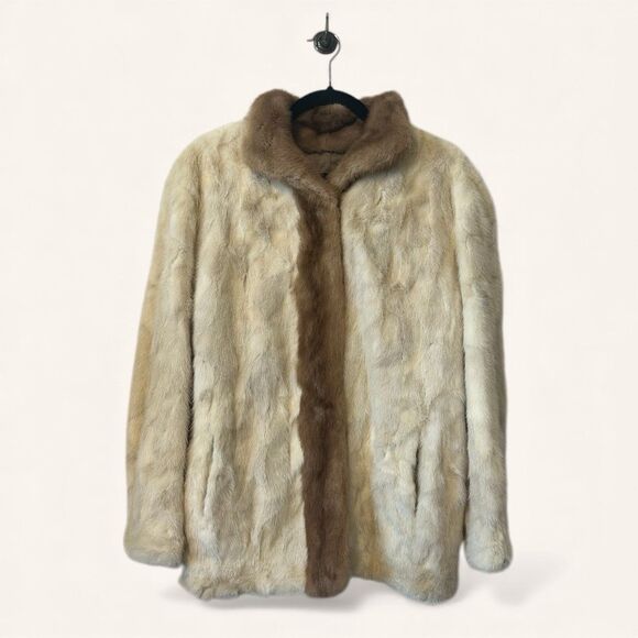 Vintage Mink Fur Coat Women S/M White & Brown Two Tone Stroller Length 1970s - Picture 1 of 9